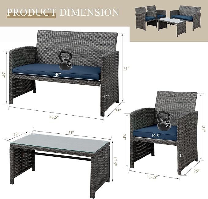 JAMFLY 4 Piece Outdoor Patio Furniture Set, Outdoor Wicker Rattan Chairs Conversation Sets with Cushions & Coffee Table for Outside, Garden, Balcony, Porch, Dark Blue