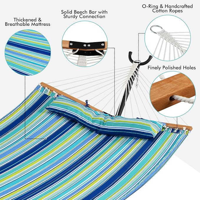 Giantex Hammock Swing Camping Hammock for Stand with Spreader Bar, Detachable Pillow, Hand Woven Cotton Ropes, Outdoor Hammocks for Patio, Backyard, Poolside(Hammock Without Stand) (Blue + Green)