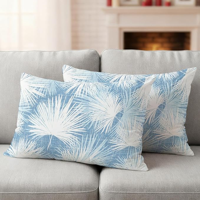 Lumbar Pillow Covers 20x12 Inch Set of 2, Sky Blue Palm Leaves Coastal Waterproof Outdoor Pillow Covers, Summer Tropical Botanical Decorative Cushion Pillowcases for Couch, Sofa, Bed, Garden, Patio