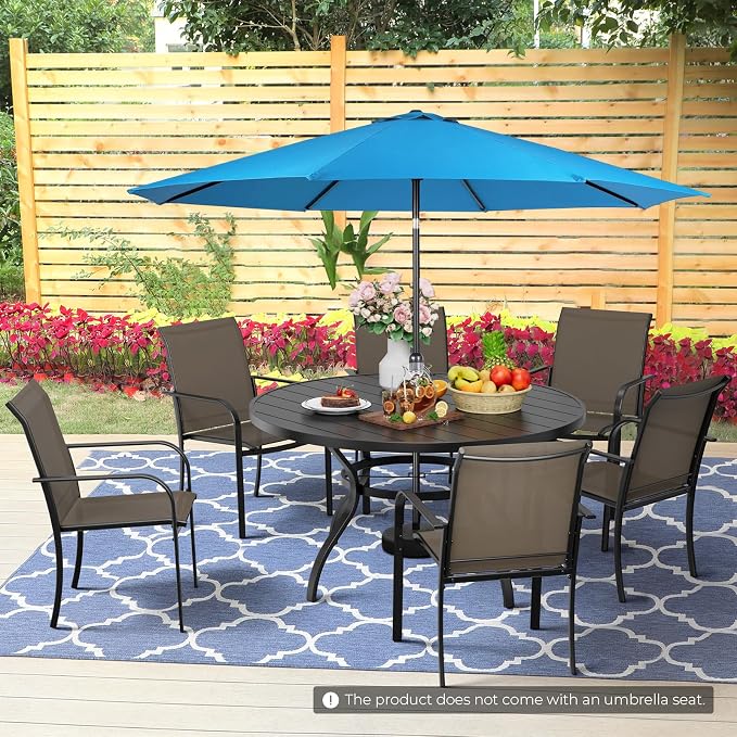 Incbruce 8 PCS Patio Dining Set with Sky Blue Umbrella, Outdoor Dining Set of 6 Textilene Chairs and 53" Round Table with Umbrella Hole for Backyard, Garden, and Poolside (Brown)
