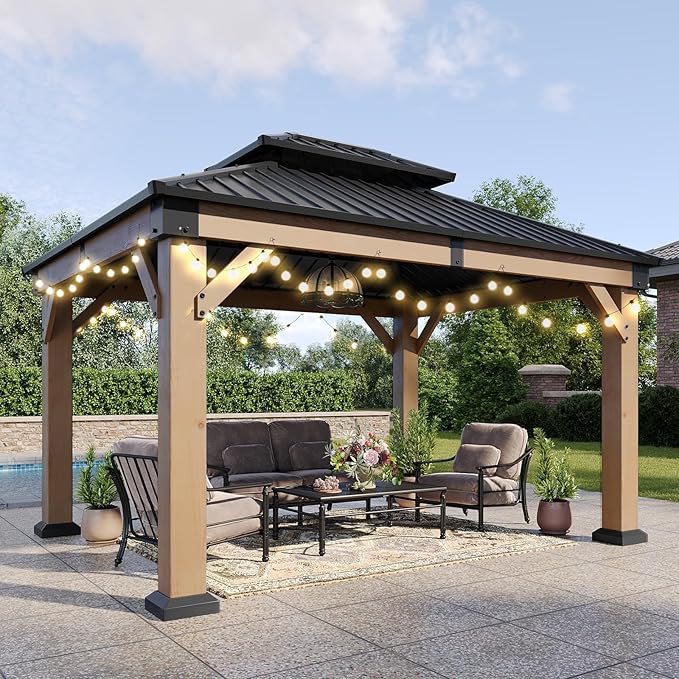 Aoxun 10' x 12' Outdoor Wood Gazebo, Hardtop Gazebo Permanent Wooden Pavilion with Galvanized Steel Double Roof, and LED Outdoor Waterproof Hanging Lights, for Patio, Garden, Deck, Cedar Wood, Grey