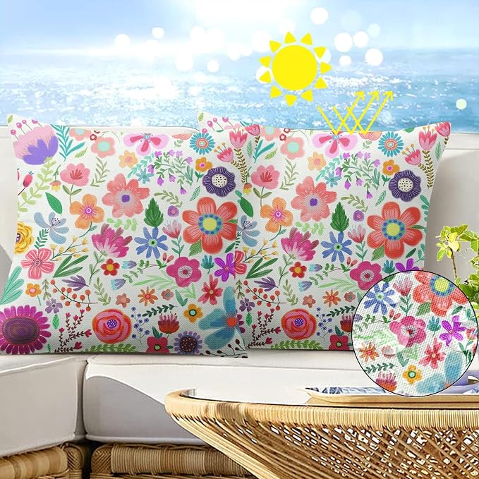 Flower Summer Outdoor Waterproof Throw Pillow Covers 18 x 18 Inch Set of 2, Floral Pink Pillowcase Square Cushion Case, Farmhouse Garden Decorative Pillows for Couch Beach Patio