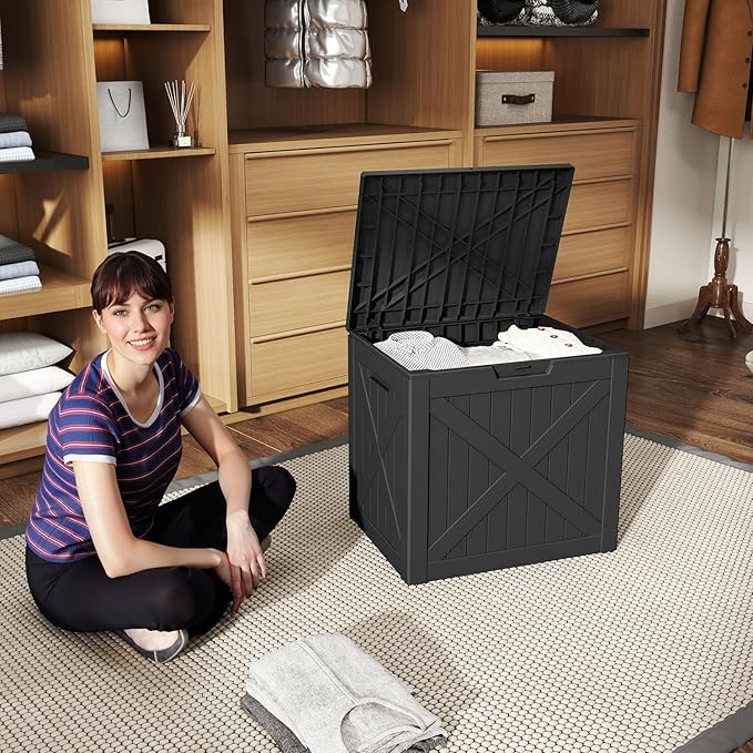 PatioZen 32 Gallon Deck Box,Resin Outdoor Storage Box with Lockable for Patio Furniture, Pool Accessories, Garden Tools, Waterproof Outside Storage Box, Black