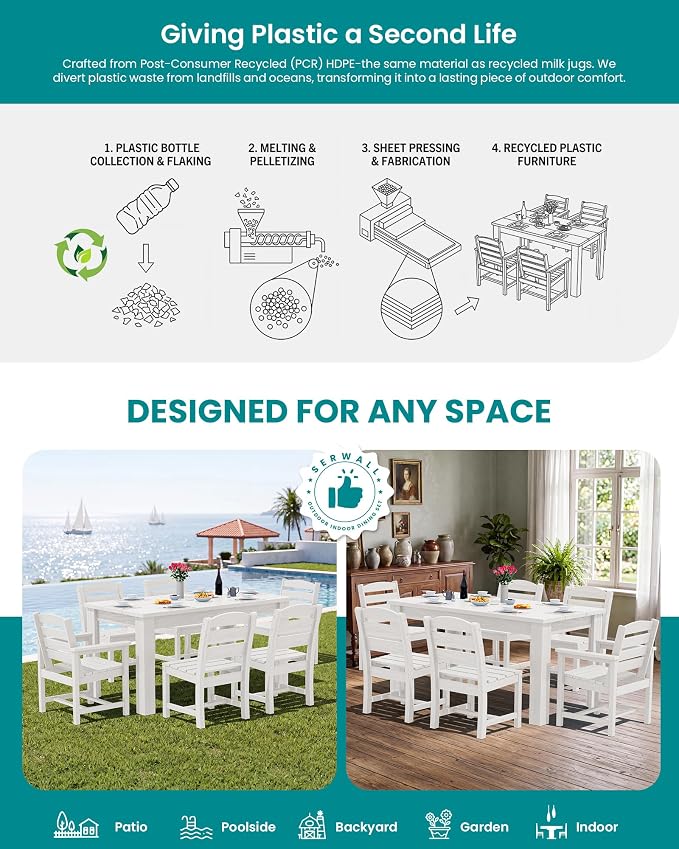 SERWALL Armless Outdoor Dining Cahir Set of 2, White | SERWALL Patio Dining Chair, All Weather Dining Chair Set of 2, Outdoor Dining Chair with Widened Seat, White