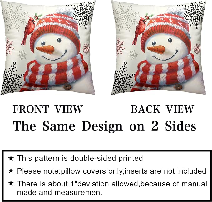 Christmas Snowman Pillow Covers 22x22 Set of 2 Winter Holiday Throw Pillow Covers for Living Room Bedroom Sofa Red Snowman with Cardinal Bird Snowflake Cushion Case