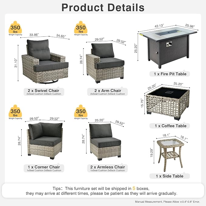 Weaxty 10 Pieces Outdoor Patio Furniture Set with Swivel Rocking Chair, Outdoor Sectional Sofa Couch Wicker Modular Patio Conversation Set w/42 Fire Pit and Coffee Side Table,Black