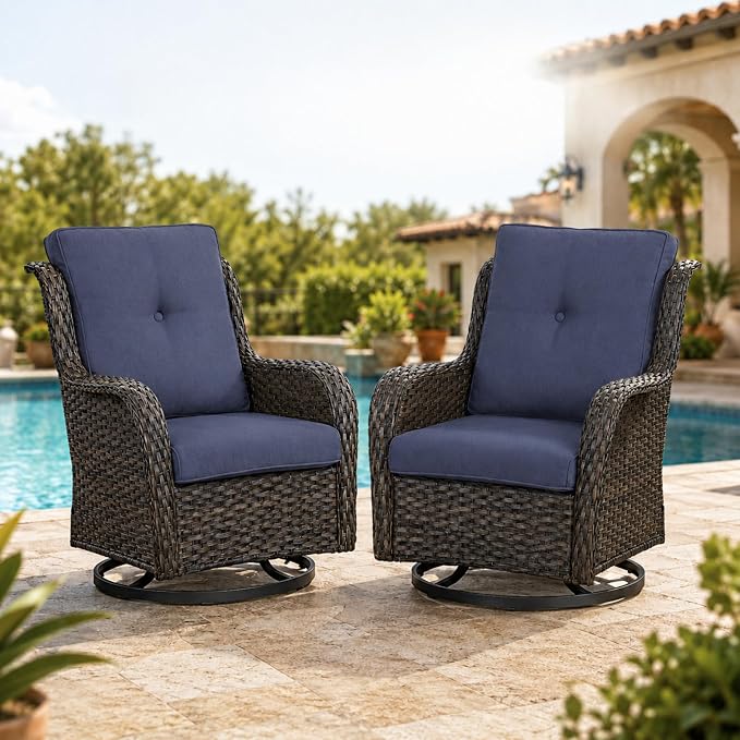 HUMMUH 2-Piece Patio Swivel Rocker Chairs Set, Wicker Outdoor Seating | 50,000 BTU fire pit, powder-coated steel frame, PE wicker, 360-degree swivel, 4-inch thick sponge cushions