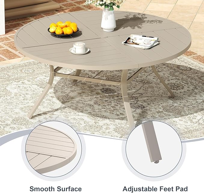 VICLLAX 9 Pieces Patio Outdoor Dining Set, 53" Round Metal Table with Umbrella Hole and 8 Stackable Textilene Chairs for Patio, Lawn, Garden, Porch, Sandshell
