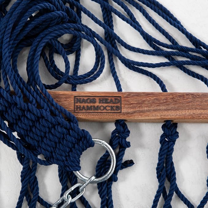 Nags Head Hammocks First Mate Navy DuraCord Rope Hammock – 12 ft. x 50 in., 450 lb Capacity, Cumaru Spreader Bar, Galvanized Hardware, Handcrafted in USA, Free Chains & Tree Hooks
