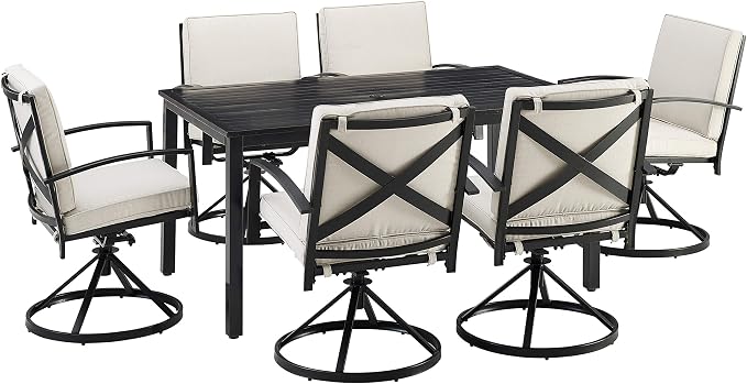 Crosley Furniture Kaplan 7-Piece Outdoor Dining Set for 6, Patio Table and Chairs for Backyard, Deck, Oiled Bronze with Oatmeal Cushions