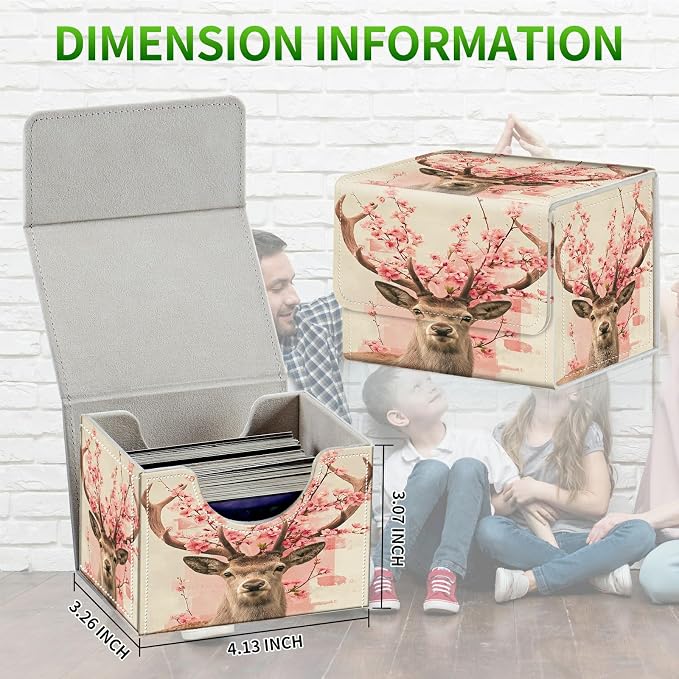 Card Deck Box for MTG, Cards Storage Box Fits 120+ Sleeved, Leather Small Size Strong Magnetic Closing Card Case for Board Games Magic TCG CCG Baseball Collection, Peach Blossom Deer