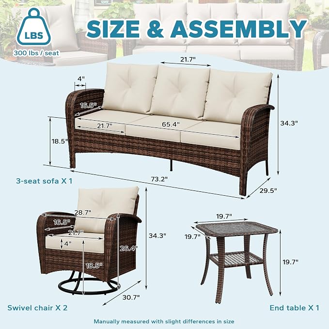 4 Pieces Patio Set, 73" Rattan Loveseat Sofa, Coffee Table, Wicker Swivel Glider Chairs, Cushion with Water Resistant Cover, Outdoor Conversation Furniture, Couch for Yard, Lawn (Beige)