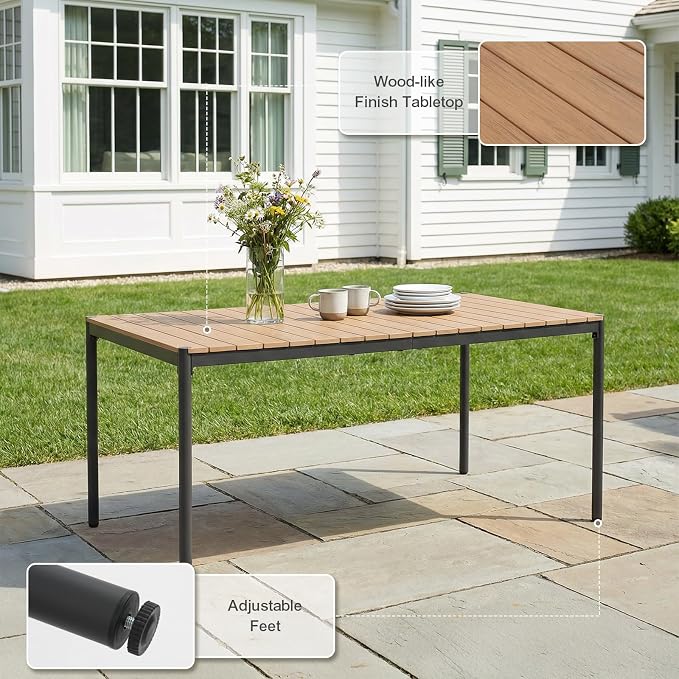 SUNSITT 7 Piece Outdoor Patio Dining Set, Patio Dining Furniture Set with 70” Metal Dining Table w/WPC Tabletop and 6 Woven Rope Patio Chairs w/WPC Armrests for Garden, Beige
