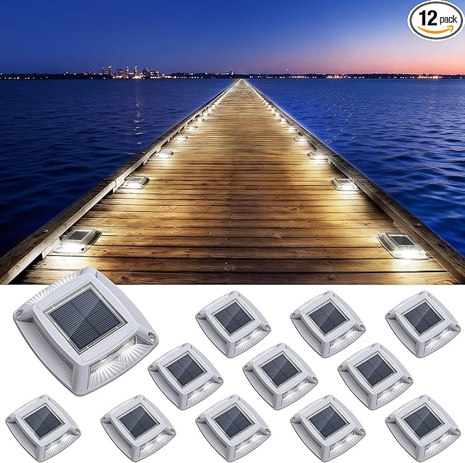 Solar Driveway Lights Outdoor 12 Pack, IP68 LED Solar Powered Waterproof Driveway Marker Deck Dock Lights for Dock Step Pathway Walkway Sidewalk Garden Yard Stair Marine (White)