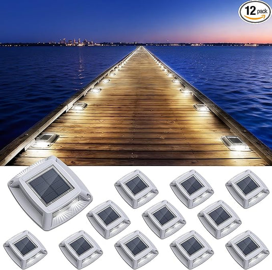Solar Driveway Lights Outdoor 12 Pack, IP68 LED Solar Powered Waterproof Driveway Marker Deck Dock Lights for Dock Step Pathway Walkway Sidewalk Garden Yard Stair Marine (White)