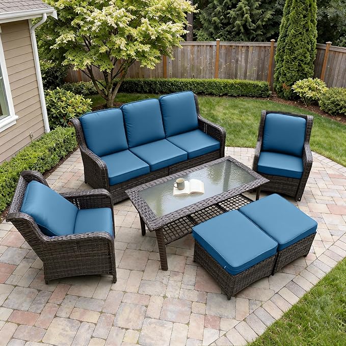 6 Piece Outdoor Patio Furniture Set, High Back Chairs with Extra Thick Cushions, Outdoor Sectional Sofa Sets with Coffee Table & Ottomans for Porch Balcony Deck Yard, Peacock Blue