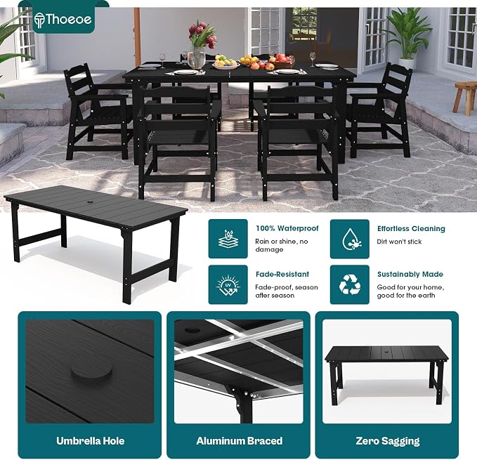 THOEOE 5 Piece Outdoor Dining Set, Patio Dining Table and 4 Chairs, All-Aluminum Frame, All-Weather HDPE Outdoor Furniture with Umbrella Hole for Garden, Lawn, Poolside, Black