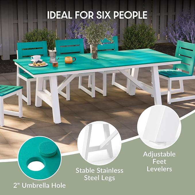 WestinTrends Cape May 9-Piece HDPE Outdoor Furniture Patio Dining Table with Umbrella Hole and Chairs Set for 8, Turquoise