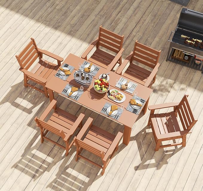 BRIOPAWS Outdoor Dining Table | HDPE | 67” Patio Rectangle Tables | All Weather | Umbrella Hole | Patio Furniture Set for 4-6 Person | Teak