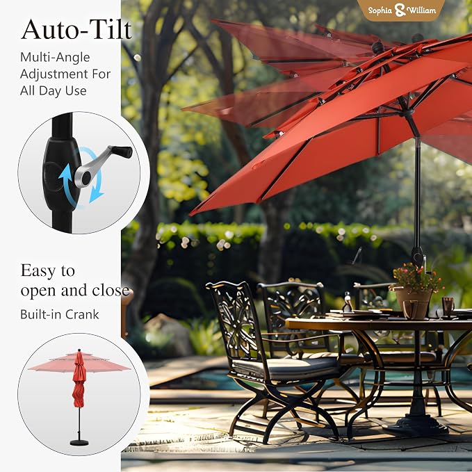 Sophia & William Metal Outdoor Patio Dining Set 6 PCS with 10ft 3 Tier Auto-tilt Umbrella(Orange Red), 4 x Metal Outdoor Chairs, 1 x Square 37"x 37" Dining Table and 1 Patio Umbrella