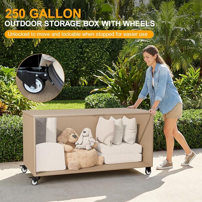 Outdoor Storage Box with Wheels 250 Gallon, Metal Deck Boxes Waterproof, UV Resistant Patio Storage Box with Lid for Patio Furniture, Garden Tools,Outdoor Cushion (Brown)