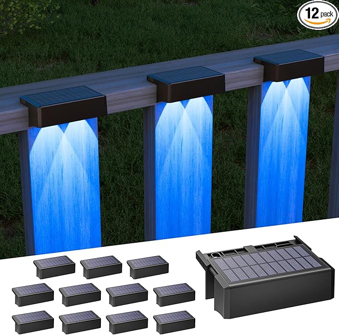VOLISUN Solar Deck Lights 12 Pack, Warm White, Cool White and RGB Color Glow LED Large Size Lamp, IP65 Waterproof Solar Fence Lights Outdoor for Step, Patio, Fence, Railing, Wall, Stairs