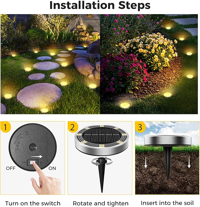 20 Pack Solar Ground Lights Outdoor, 8 LED Mini Flat Solar Disk Lights, IP65 Waterproof Anti-Rust Disc Light, Landscape Lighting for Garden Pathway Yard Walkway Driveway Lawn,Warm White