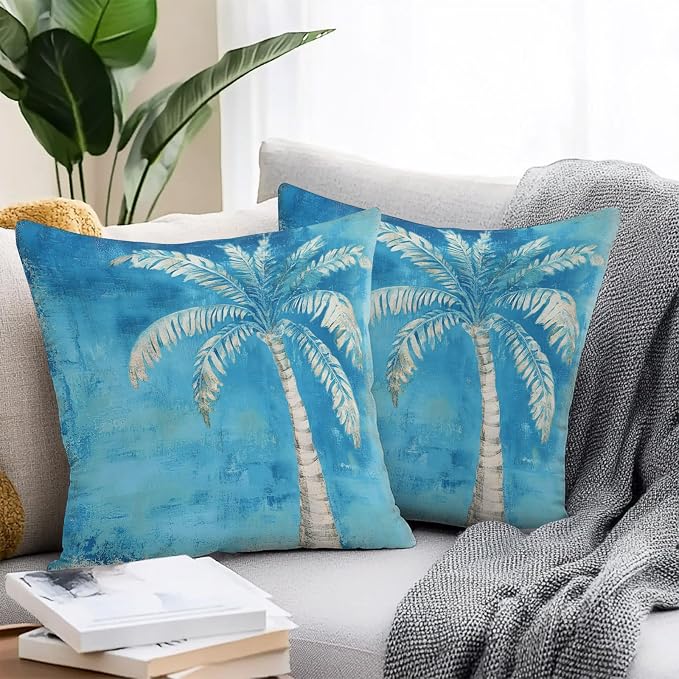 Coastal Beach Tree Blue Outdoor Waterproof Pillow Covers, Vintage Summer Palm Tree Decorative Square Throw Pillowcase, Tropical Botanical Sofa Cushion Sham for Patio/Couch/Chair, 20"x20" 2 Pack