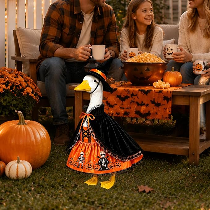 Halloween Porch Goose Outfits 3 Pcs Geese Outfit Outdoor Garden Statue | Ghost Cape Pumpkin Dress Witch Hat Set Cute Gooses Set Goose Clothes for Halloween Patio Yard Decor