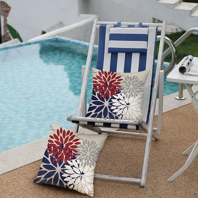 DFXSZ Pack of 2 Outdoor Waterproof Throw Pillow Covers 18x18 Red Blue | Polyester Colorful Summer 4TH Of July Floral Decorative Cushion Cases(NO INSERT),For Couch Patio Funiture Garden Home Decor