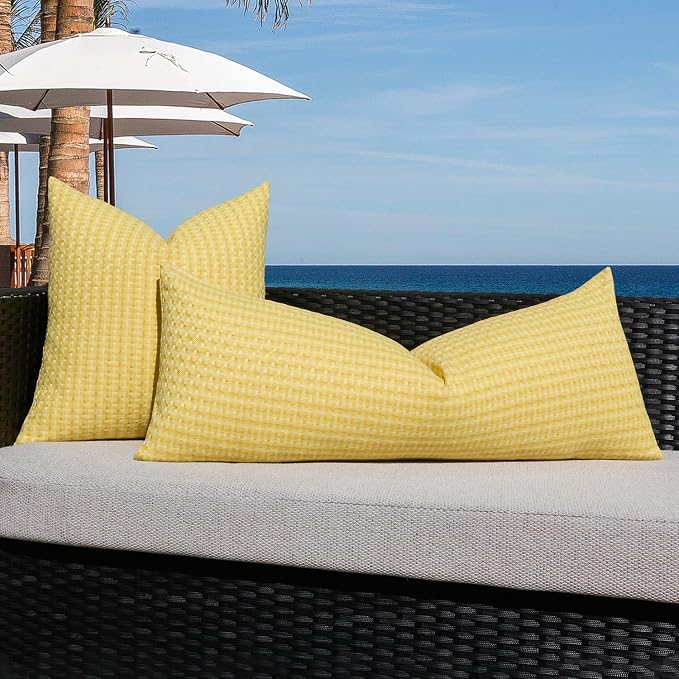 Kevin Textile Outdoor Waterproof 14"x36" Pillow Cover 1 Pack, Yellow | Water Resistant Weaving Faux Linen Texture Throw Pillow Covers, Outside Decorative Pillowcases for Garden Patio Balcony Couch