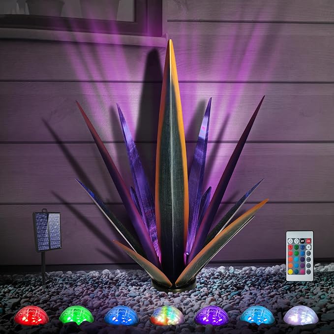 KODIBO 24" Large Metal Agave Plant Outdoor Decor with Solar Light, Black | Waterproof Solar Garden Light, Rust-Resistant Metal, Hand-Painted Finish, Tequila Rustic Sculpture, Desert Steel Yard Art