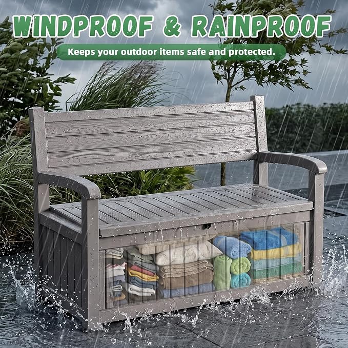 80 Gallon Outdoor Storage Bench Deck Box Waterproof Resin Lockable UV Resistant Benches Furniture Outside Porch Patio Pool Garden Tool Cushion Beige
