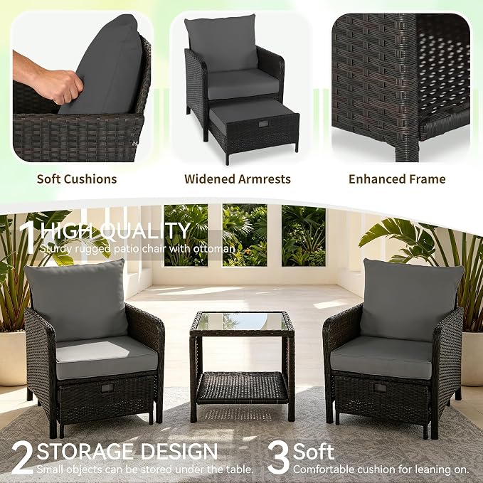 YLGJ&TIDY 5 Pieces Patio Furniture Set, Rattan Outdoor Lounge Chairs with Soft Cushions,Outdoor Wicker Patio Conversation Set with Hidden Ottoman and Coffee Table for Porch, Garden, Backyard (Gray)