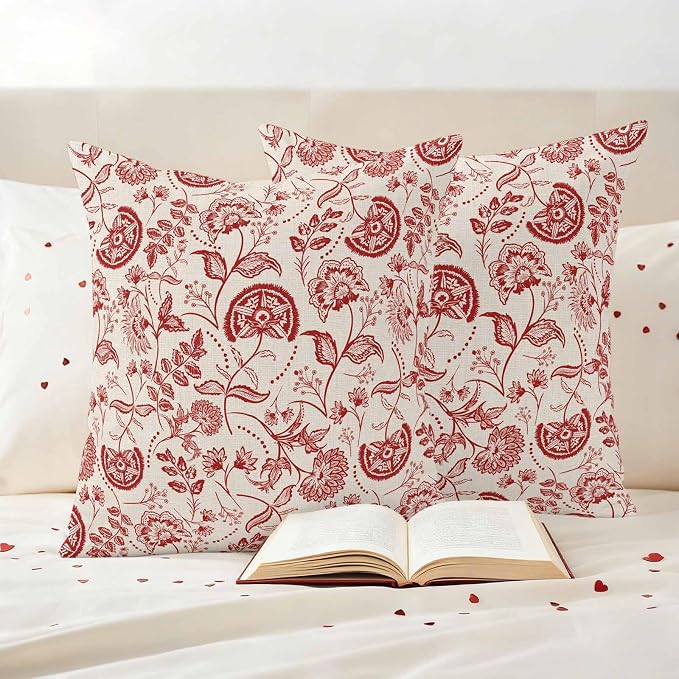 Outdoor Pillow Covers 16x16 Set of 2, Red Spring Floral Waterproof Patio Throw Pillow Covers for Couch Sofa Chair, Summer Botanical Farmhouse Decorative Pillowcases for Throw Pillows