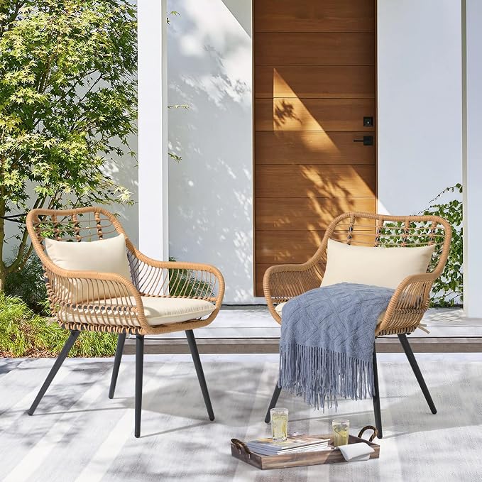 JOIVI Outdoor Patio Wicker Chairs Set of 2, Rattan Porch Chairs with Cushion and Armrest, Outdoor Seating with Iron Frame, Balcony Furniture for Apartments, Lawn, Backyard, Garden | Set of 2, All-Weather Outdoor Seating with Iron Frame, w/Seat Cushions...