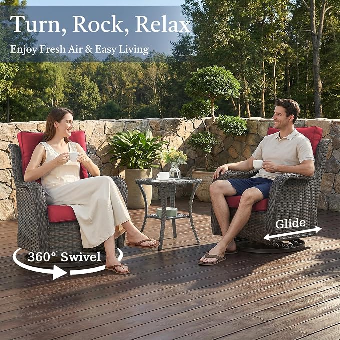 Outdoor Swivel Rocker Patio Chairs with Side Table 3 Pieces PE Wicker Patio Furniture Set for Porch Deck Balcony Garden-Brown/Red