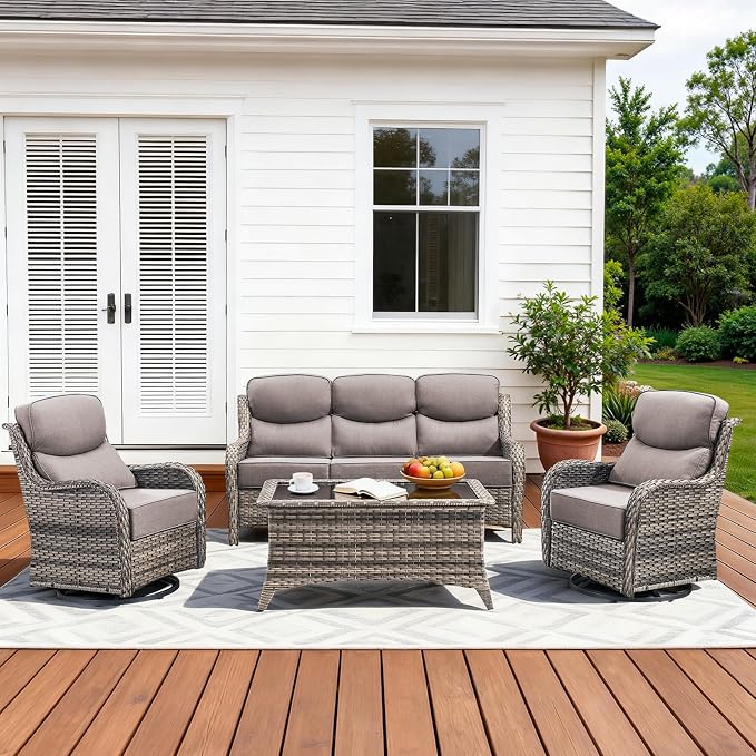 Luxury High Back Patio Furniture Set with 6-Inch Thick Cushions, 4-Pieces Outdoor Furniture with Swivel Chairs, Wicker Conversation Set for Porch, Balcony, Deck and Yard, Grey