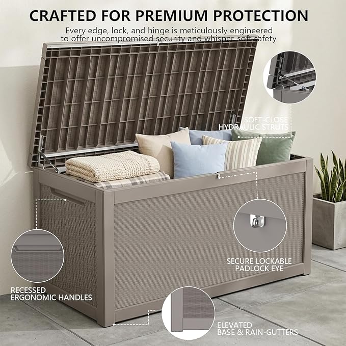 320 Gallon Outdoor Storage Box, Waterproof Resin Deck Box with Lockable Lid Large Storage Bin for Patio Furniture Cushion, Garden Tools, Pool Accessories UV-Resistant Outside Delivery, Gray