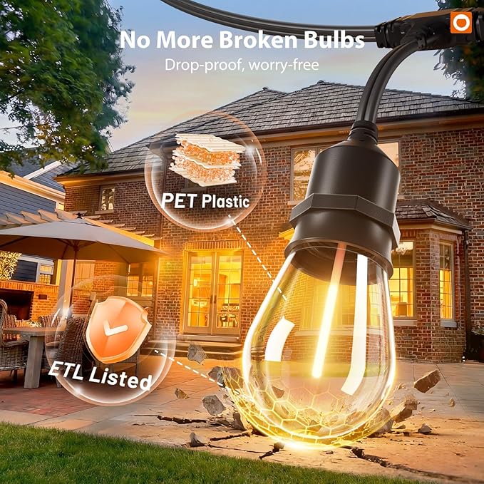 addlon 100FT Outdoor String Lights with Remote Dimmable Waterproof Patio | 50 Warm White Edison Bulbs, Heavy Duty Shatterproof Hanging Strand for Outside Backyard Porch Garden Bistro Pergola Party