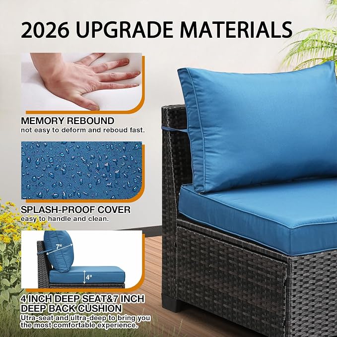 JOYURE 5 Pieces Patio Furniture Set All-Weather Outdoor Wicker Sectional Conversation Sofa Rattan Patio Seating Sofa with Cushion and Glass Table and Ottoman for Porch Poolside,Peacock Blue