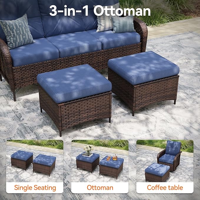 Aoxun Luxury 7-Piece Patio Furniture Set, 360° Swivel Chairs, Wicker Rattan Sofa with Thick Cushion, Outdoor Conversation Set for Backyard, Poolside & Garden, Brown/Navy Blue