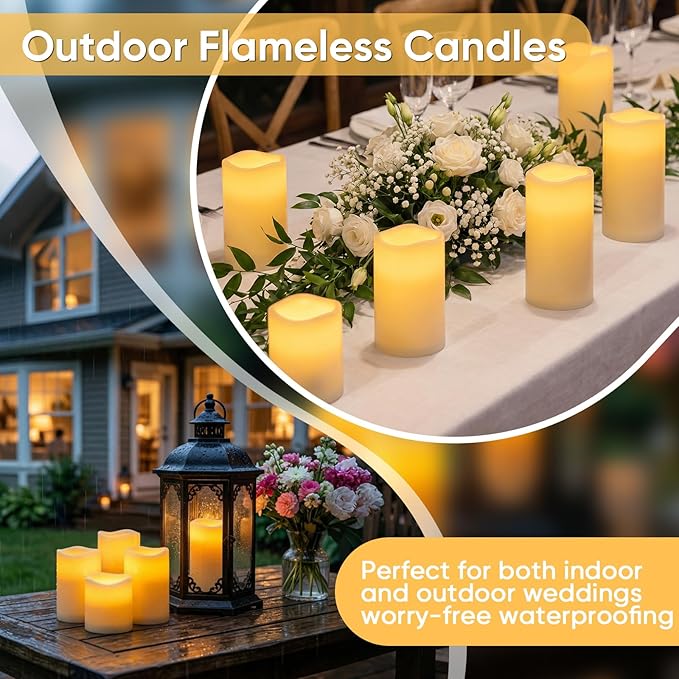 Amagic 3" x 6" Waterproof Outdoor Flameless Candles, Battery Operated Candles with Remote and Timer, Flickering LED Pillar Candle for Outside Patio Garden and Indoor Home Decor, Ivory, Set of 2