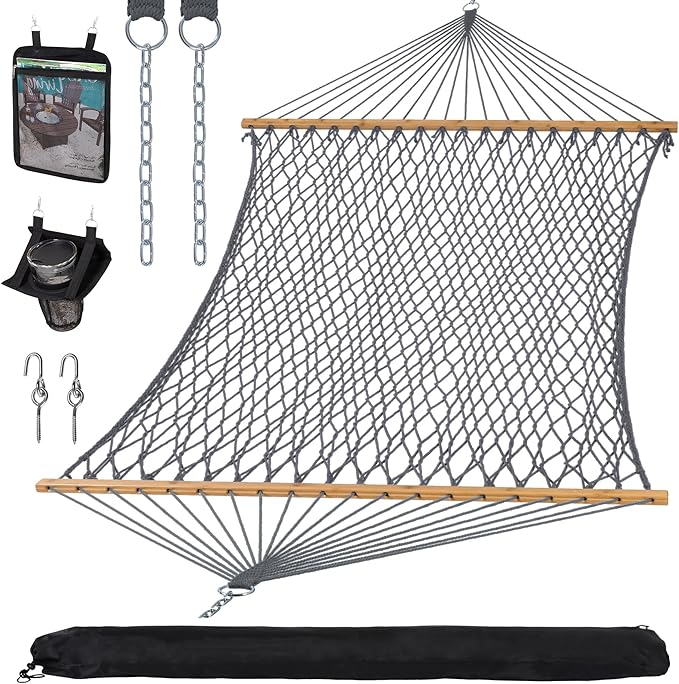 SUNCREAT Double Outdoor Rope Hammock, Polyester Rope Hammock with Extra Large Pillow, 450 lbs Capacity, Gray