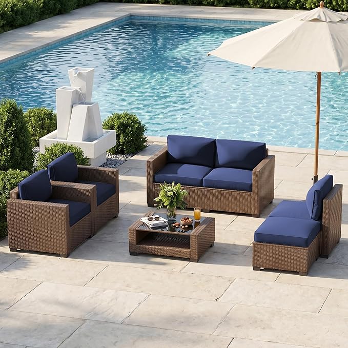 Patio Furniture Set 7 Pieces Conversation Set Wicker Outdoor Sectional Sofa,Ergonomic Armrests Couch with Cushion and Glass Table (Brown-Navy, 7 Piece-Double)