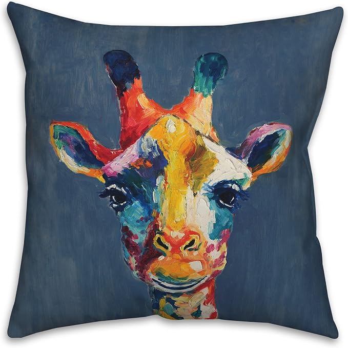 Colorful Giraffe on Blue Indoor/Outdoor Pillow | Decorative Pillows for Living Room Couch Bed Sofa Patio, Fluffy Soft Cushion | Water Resistant Multi, 18x18