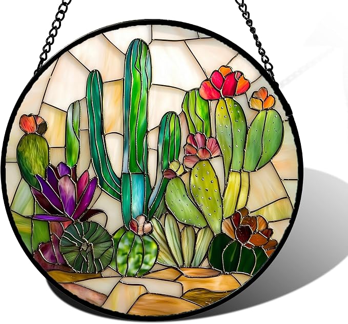 DASTOLL Stained Glass Window Hanging, White Green Cactus Suncatcher Diamond Glass Panel Hangings Sun Catchers Decor for Birthday for Women, Men, Wife, Aunt, and Mom 9.8 in