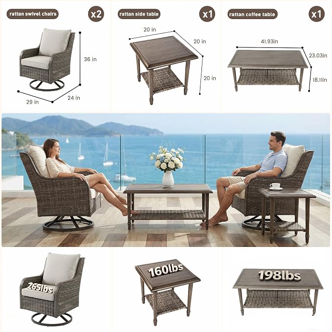 Swivel PE Wicker Chair, Outdoor Patio Chair with 360° Rotation & Water-Resistant Cushion for Porch, Deck, Balcony – All-Weather Handwoven Design (Beige, 4-PCS1)