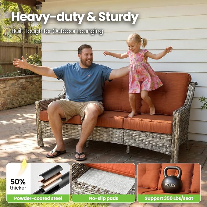 2 Piece Patio Furniture Set, Outdoor Wicker Chairs Set of 2 with Thick Cushion, Heavy Duty High Back Comfortable Chair for Small Balcony Porch Garden, Orange