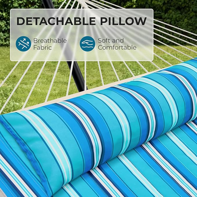 SUPERJARE 12ft Double Hammock with Stand, Rope Hammock for 2 Person, Detachable Hammock Bed and Pillow, Portable, Anti-Tip Safety Ropes, Carry Bag, Outdoor Backyard Patio, Turquoise Green Stripes